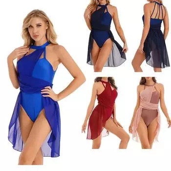 Лирическое танцевальное платье для женщин и взрослых, сетчатое трико без рукавов с цветными блоками, современный танцевальный костюм S зелёный