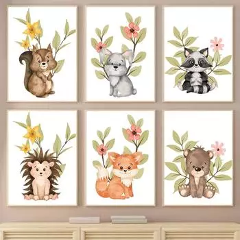 Лиса Енот Ежик Белка Кролик Медведь Детская Настенная Живопись Печать На Холсте Картина Скандинавский Плакат Настенная Картина Детская Комната Декор 21x30cm No Framed