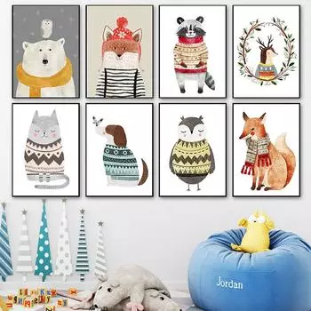 Лиса Кролик Медведь Олень Детская Настенная Картина Холст Картины Плакаты Мультфильм Животное в Свитере Принт Настенные Панно Декор Для Детской Комнаты 21cm30cm NoFrame