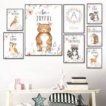 Лиса, медведь, кролик, сова, енот, детская комната, индивидуальное имя, настенная живопись, печать на холсте, плакат на скандинавскую тему, настенные панно, декор для детской комнаты 21x30cm No Framed