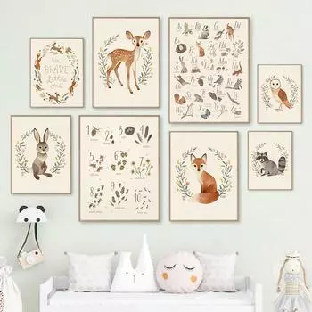 Лиса, олень, кролик, сова, енот, медведь, алфавит, номер, настенная живопись на холсте, постеры на скандинавскую тему и принты, настенная картина, декор для детской комнаты 21cm30cm NoFrame