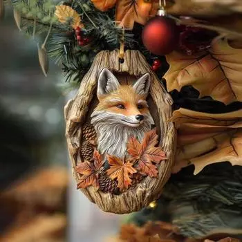 Лиса Рождественское украшение 2D Акрил Лесное животное Подвесное украшение Лиса в дупле дерева Праздник 1pc Fox