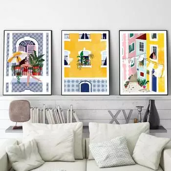Lisbon Plant Girl Illustration Canvas Painting Wall Art Architecture Cat Woman Posters Gift Travel Print Picture Home Decoration 21x30cm No Framed белый