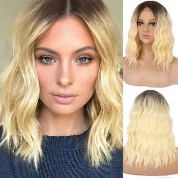 LISI HAIR 14 дюймов Короткие натуральные волнистые парики Боб Средняя часть Черный золотой парик Термостойкие волнистые синтетические парики для чернокожих женщин