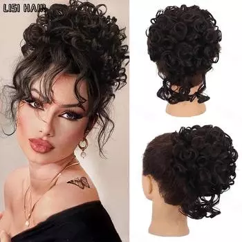 LISI HAIR 1 шт., растрепанные волосы, булочка, эластичный шнурок, свободные большие вьющиеся синтетические короткие булочки, наращивание хвоста для женщин, одежда для косплея 25cm