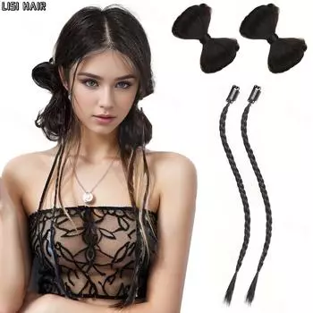 LISI HAIR, 2 стиля, синтетические пучки с бантом, заколка для волос и длинный плетеный хвост, заколка для волос для женщин, вечерние 45cm