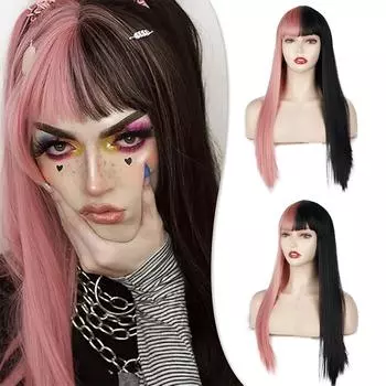 LISI HAIR Черные розовые волосы синтетические длинные прямые парики с челкой мягкие натуральные парики для женщин косплей костюм для вечеринки использование 55CM