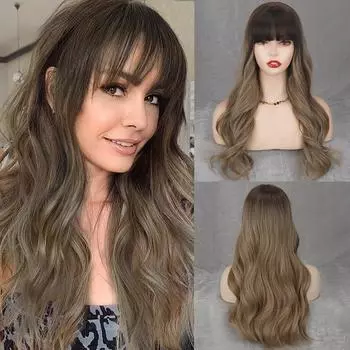 LISI HAIR Длинные коричневые синтетические парики с омбре для женщин Волнистые женские парики с челкой Парик из термостойкого волокна 24inches