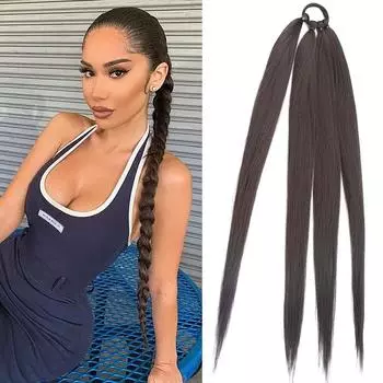 LISI HAIR Длинные косички яки Наращивание хвоста Синтетическая шиньон Боксерские косы Черная обертка вокруг шиньонного хвоста с резинкой 65 CM