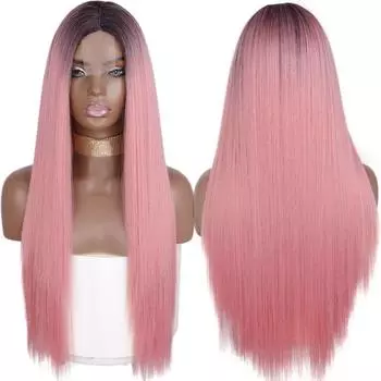 LISI HAIR Длинные прямые розовые волосы Синтетический парик для женщин Натуральный парик со средней частью для девочек Термостойкое волокно Натуральный парик