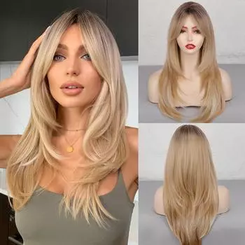 LISI HAIR Длинные светлые парики для женщин Многослойный парик из синтетических волос с темными корнями Омбре Черный блондин Пепельный парик с челкой для повседневной вечеринки 23inches