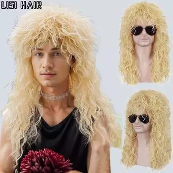 LISI HAIR Длинные вьющиеся синтетические парики для мужчин Парики для косплея Мужские вьющиеся волосы Черный блондин парик с челкой Пушистый парик для ночного клуба, бара 35cm