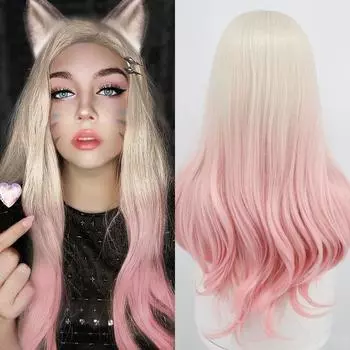 LISI HAIR Длинный волнистый парик Ombre Синтетический парик Золотой парик Розовый парик Женский Ahri KDA Косплей Натуральные волосы Парик из высокотемпературного волокна