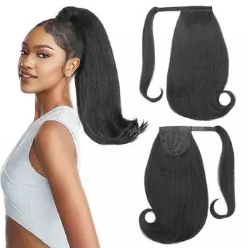 LISI HAIR Хвост, деформирующий синтетический 16-дюймовый странный прямой шиньон с зажимом Magic Paste для наращивания волос в хвост, натуральный черный