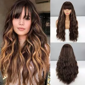 LISI HAIR Коричневый с светлыми бликами Цвет омбре Длинный волнистый парик с челкой Синтетическое волокно Женская повседневная одежда Косплей Волнистый парик