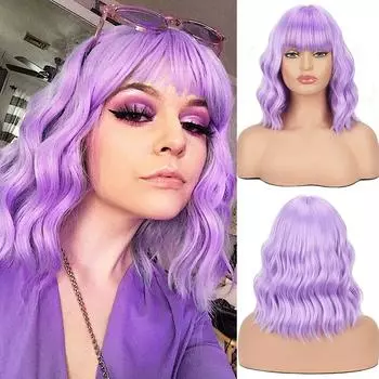 LISI HAIR Короткие волнистые Боб Светло-фиолетовый парик из синтетического волокна для женщин Волнистые парики с челкой Косплэй вечерние термостойкие волосы 1B