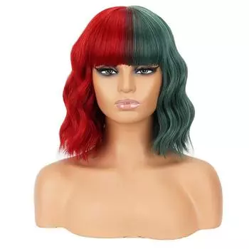 LISI HAIR Короткие волнистые красные и зеленые парики с челкой для женщин, материал из синтетического волокна, рождественские волосы для косплея qicai