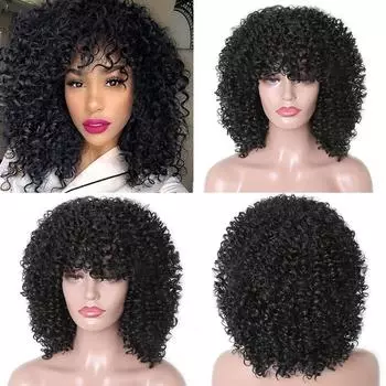 LISI HAIR Короткие волосы Черный вьющийся парик с челкой Черные женщины Африканский синтетический черный без клея Парик для косплея Высокая температура