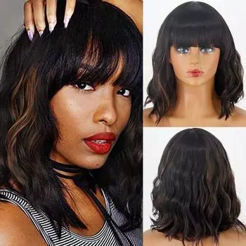 LISI HAIR Красивый короткий парик «боб», женский синтетический волнистый парик с челкой до плеч, коричнево-черный парик, термостойкое волокно 12inch