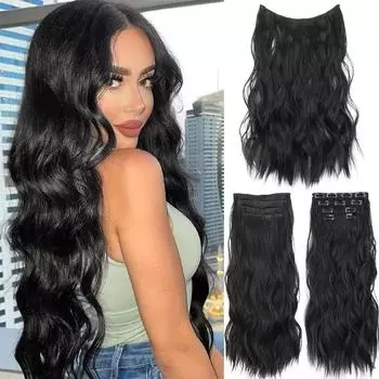 LISI HAIR Натуральные черные длинные волнистые наращивание волос Синтетическое волокно Женская мода Невидимые зажимы Женская повседневная одежда Шиньон 22 Inch