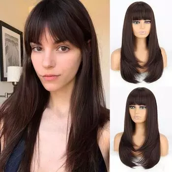 LISI HAIR Натуральный Темно-коричневый Длинный Прямой Многослойный Парик с Челкой Синтетическое Волокно Повседневная Одежда Длинный Натуральный Волнистый Парик 2