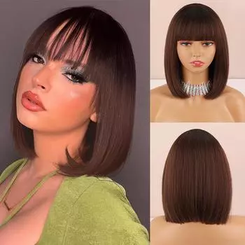 LISI HAIR Ombre Темно-коричневый цвет Короткий прямой парик «боб» с челкой Длина до плеч Натуральный прямой парик «боб» Синтетический парик для повседневного ношения