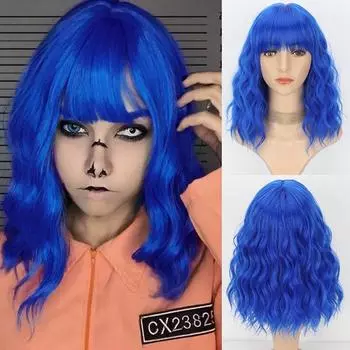 LISI HAIR Синий Женский Волнистый Парик Боб До Плеч с Челкой Синтетическое Волокно Косплей Повседневная Одежда Синий Черный Коричневый Цвет Волнистый Парик