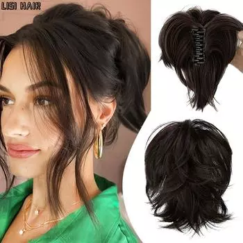 LISI HAIR Синтетические беспорядочные короткие хвостики Парик с когтями Наращивание парика Волнистый стиль для женщин Вечеринка Повседневная одежда 20cm