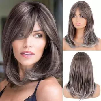 LISI HAIR Синтетические парики Длинные прямые многослойные прически Ombre Черный Коричневый Блондинка Серый Пепельный Полный парик с челкой для чернокожих женщин