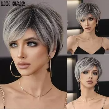 LISI HAIR Синтетические смешанные серо-черные парики Короткие прямые натуральные парики Термостойкий парик для пожилых женщин Повседневная одежда для вечеринок 25cm