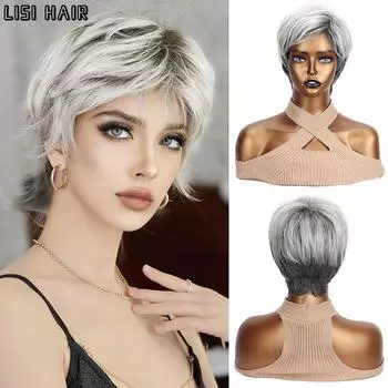 LISI HAIR Синтетические смешанные серые, черные короткие парики Наращивание натуральных париков Термостойкий парик для женщин Косплей Использование 25cm