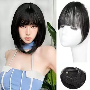 LISI HAIR Синтетические волосы, цельные прямые накладные волосы на заколке, плоская челка с воздушной бахромой спереди и париком для женщин, повседневное использование 24cm