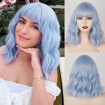 LISI HAIR Светло-голубой короткий волнистый парик с челкой Синтетическое волокно длиной до плеч Голубой натуральный волнистый парик Повседневная одежда Косплей оранжевый