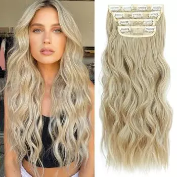 LISI HAIR Светло-русые длинные волнистые заколки для наращивания волос Синтетическое волокно Натуральные волнистые 4 шт. Ежедневная одежда Невидимый парик 22 Inch