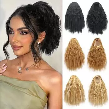 LISI HAIR Synthetic Short Curly Wavy Drawstring Hair Clip In Fiber Ponytail For Women Natural Looking Wavy Ponytails 30cm