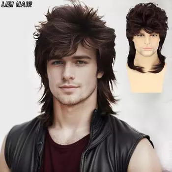 LISI HAIR Синтетические парики для мужчин Термостойкое волокно Парик Наращивание Черный Коричневый Натуральные парики Мужской ретро-рок-вечеринка Косплей Парик 35cm