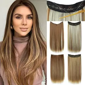 LISI HAIR Женская мода Длинные прямые коричневые смешанные блондинки Невидимый парик из синтетического волокна Натуральные прямые повседневные наращивания 55 cm