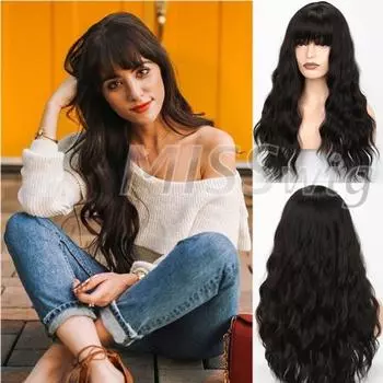 LISI HAIR Женская мода Длинные волнистые парики с челкой Черный Коричневый Блондин Парик из синтетического волокна с челкой Вечеринка Повседневная одежда 1B