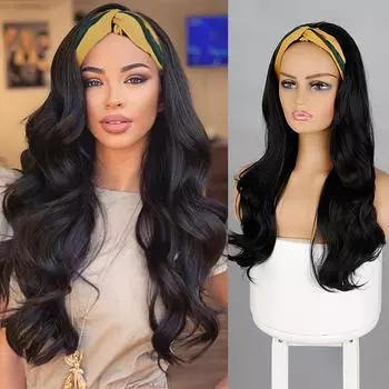 LISI HAIR Женская мода Длинный волнистый черный парик Цвет Синтетическое волокно Обруч для волос Парик Длинный парик с повязкой на голову для женщин Повседневная одежда