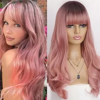 LISI HAIR Женская мода Длинный волнистый парик с челкой Розовый Длинный волнистый парик Черный Коричневый Косплей Натуральный парик из синтетического волокна для женщин China