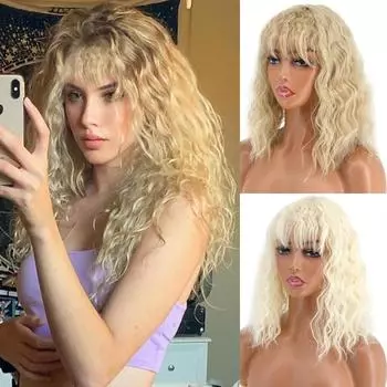 LISI HAIR Женские короткие волнистые наращивание волос с челкой Кукурузный парик для завивки Белые волосы Парик из синтетического волокна Натуральный парик для вечеринок Ежедневное использование