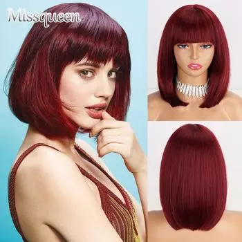 LISI HAIR, женские волосы до плеч, цвет красного вина, прямые волосы боб с челкой, короткий прямой парик из синтетического волокна, чистый цвет, парик боб 1B