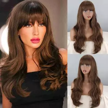 LISI HAIR женский длинный коричневый волнистый парик с челкой из синтетического волокна натуральный волнистый коричневый косплей повседневная одежда коричневый парик