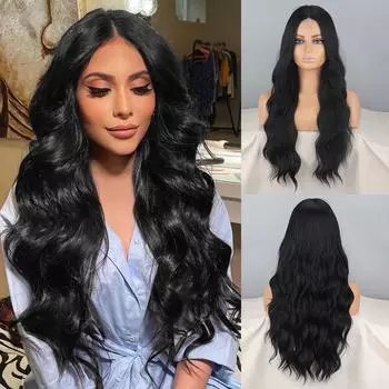 LISI HAIR женский длинный волнистый натуральный черный парик фронта шнурка без челки синтетическое волокно волна воды повседневная одежда парик для косплея 60cm