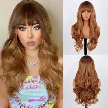 LISI HAIR Женский модный длинный натуральный волнистый парик с челкой из синтетического волокна, волнистый омбре, коричневый, розовый, красный, винный, повседневная одежда, парик для вечеринок T1B/613