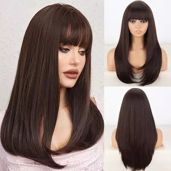 LISI HAIR женский натуральный прямой коричневый парик с челкой из синтетического волокна, натуральный волнистый многослойный парик, повседневная одежда для косплея 65 cm