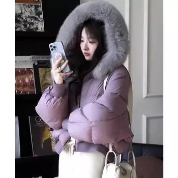 Лисий большой меховой воротник белый пуховик короткий пуховик маленькая женщина утолщенное пальто S