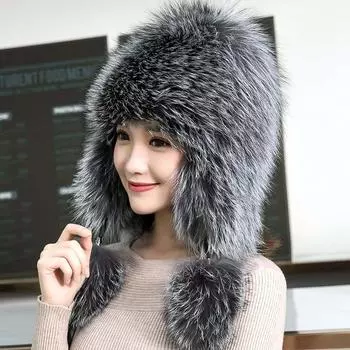 Лисий мех, женская шапка Lei Feng, зимняя корейская версия, милая уличная утолщенная теплая меховая шапка с большой защитой ушей, северо-восточная меховая шапка для катания на лыжах Elastic(55-60cm)