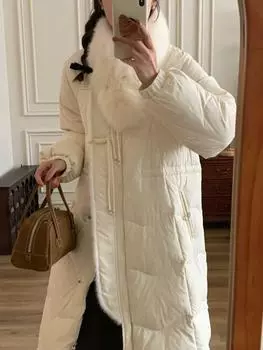Лисий меховой шарф с китайской пряжкой, средняя и длинная пуховая куртка женская зимняя новинка 2024 года, куртка до колена S 80-65kg слоновая кость