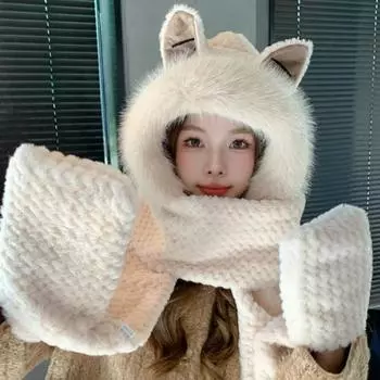 Лисий шапка, шарф, перчатки интегрированные женские осенние и зимние симпатичные студенческие велосипедные утолщенные теплые сто башен комплект из трех частей прилив